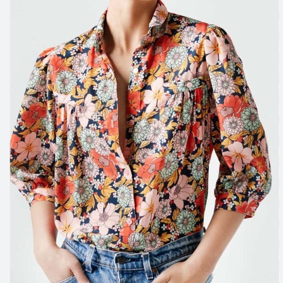 Smythe Shirred Pocket Floral Blouse In NavyMulti! Size XS